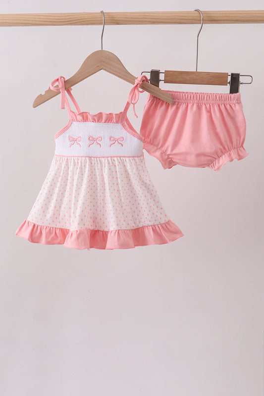Pin Bow Smocked Dot Ruffle Bloomer Set